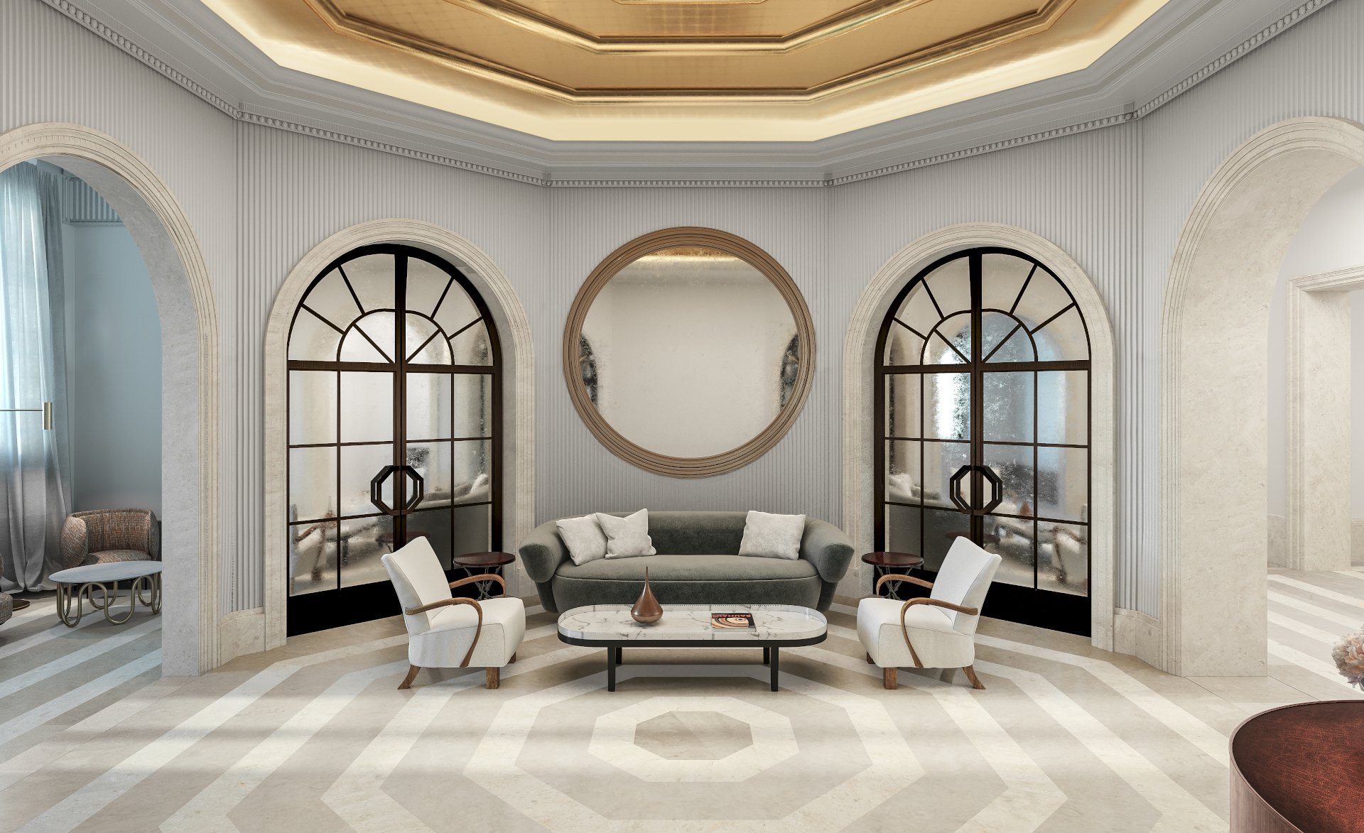 A large lobby with an expanding hexagon patter on the floor, two chairs and a couch with a coffee table and a circular mirror above them, and arched doorways around them.